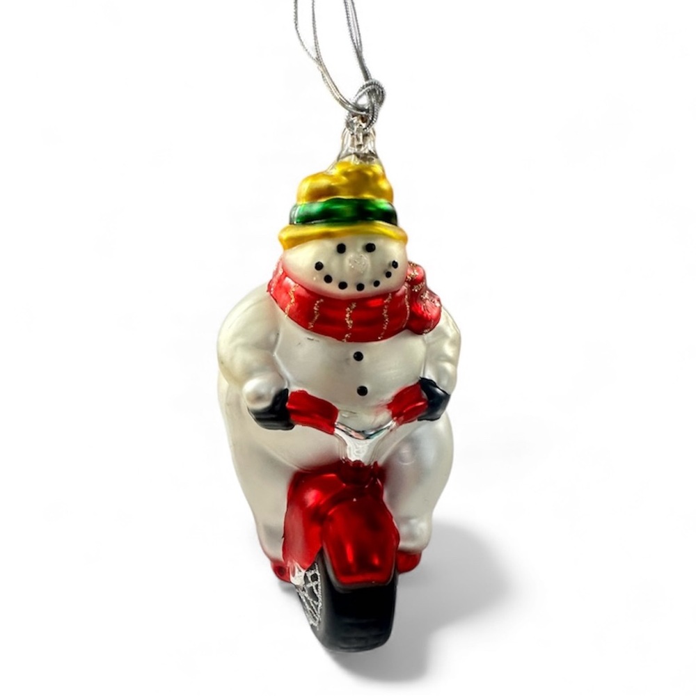 Vintage Dept 56 Hand Blown Mercury Glass Large‎ 9" Ornament NWT Snowman Tricycle